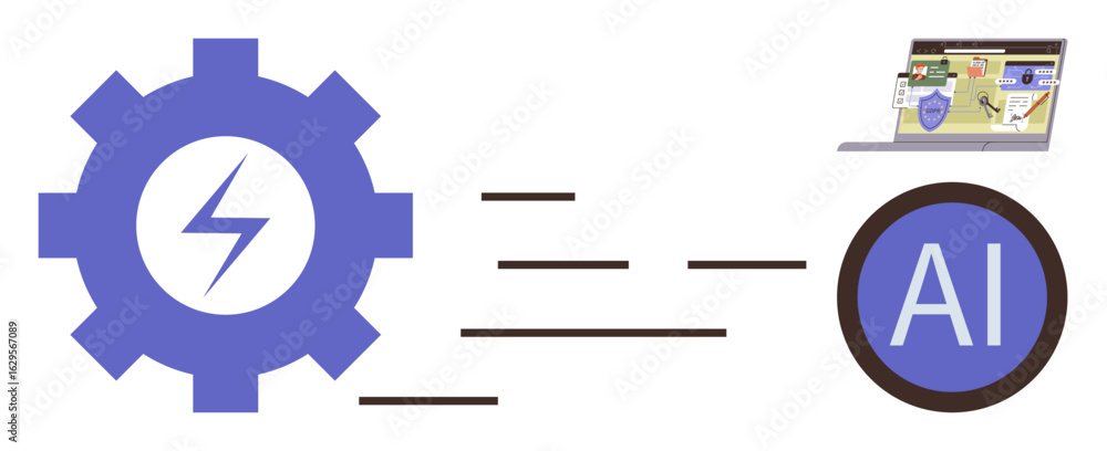 Poster gear with lightning bolt symbol, data flow lines, laptop displaying ui, and ai label. ideal for auto