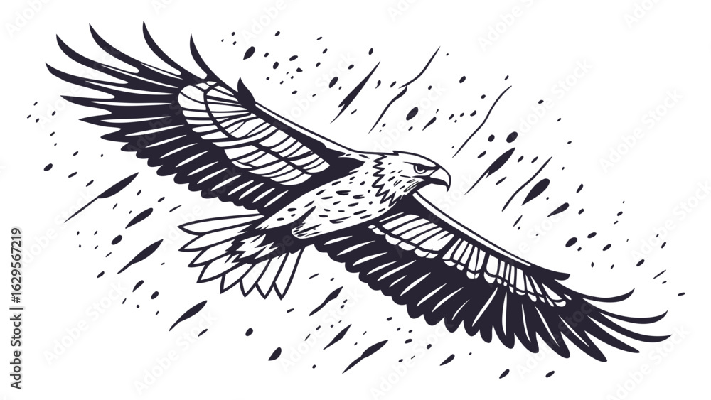 Poster illustration of a soaring eagle with outstretched wings and a surrounding splatter design element in