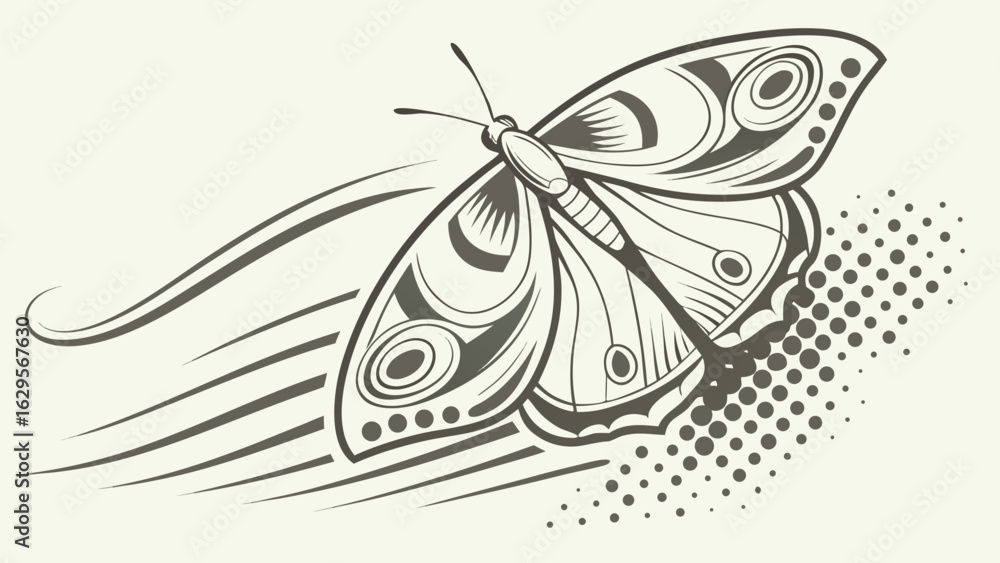 Poster stylized butterfly with patterned wings and motion lines against a halftone background design elemen