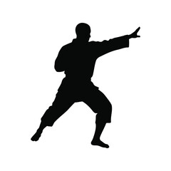 Silhouette of a martial artist performing a karate stance isolated on white background