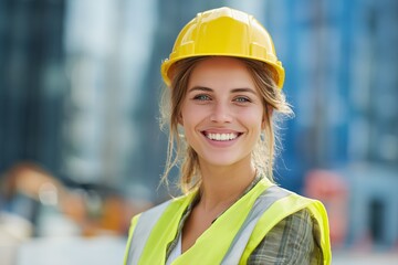 Happy female builder smiles at the camera in a sunny construction site with buildings in the background