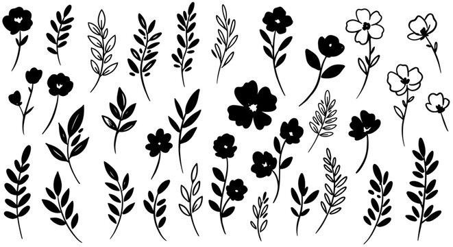Handdrawn black and white floral and leaf doodle collection with solid and outline styles organic shapes.