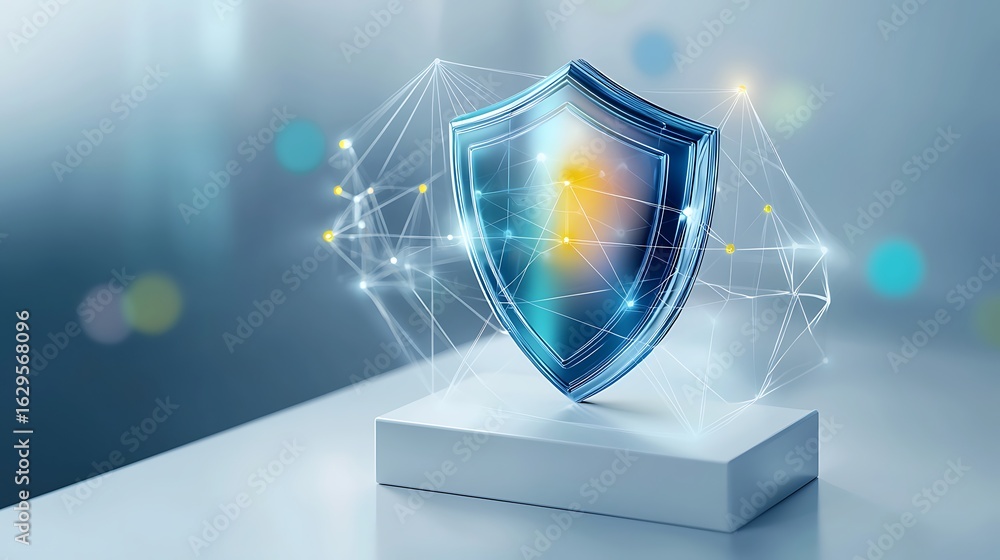Poster digital shield symbolizing cybersecurity protection and safety with abstract data connections and li