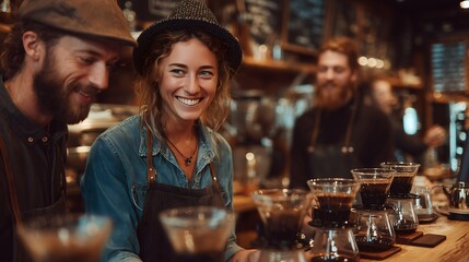 Smiling Baristas Collaborating In A Warmly Lit Coffee Shop , MSME Business Concept