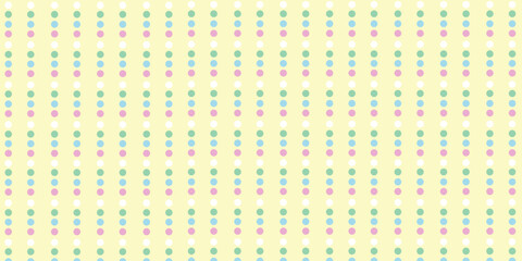 Cute trendy polka dot seamless pattern on soft yellow background. Perfect for baby products, party decor, wrapping paper, fashion, nursery, and playful digital or print designs.