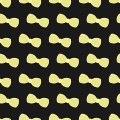 Bow. Diagonally placed bows. Yellow silhouette. Repeating vector pattern. Endless ornament of cute bow ties. Isolated black background. Idea for web design.
