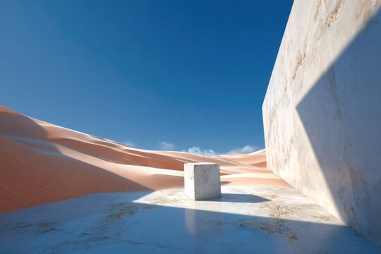 Minimal cybernetic diagram with floating nodes, wireframe cubes, and subtle data waves in motion