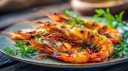 Grilled prawns on plate with herbs seafood dish for gourmet cooking or summer outdoor dining concept