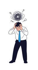 Overwhelmed businessman experiencing stress anxiety and mental confusion holding his head in frustration and despair with swirling thoughts