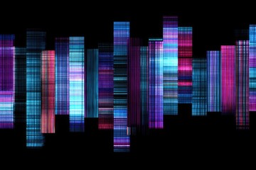 Futuristic abstract grid distortion with neon blue and magenta glitch elements on matte black