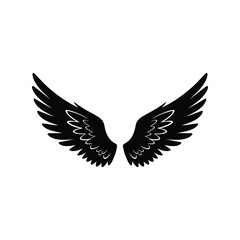 Detailed black angel wings spread open in a symmetrical design isolated on white background