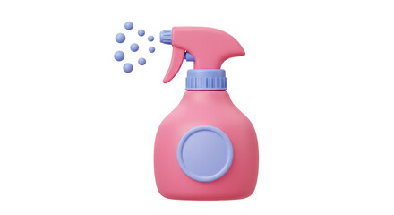 Isolated Pink Spray Bottle with Blue Liquid Droplets, Cleaning and Refreshment Concept