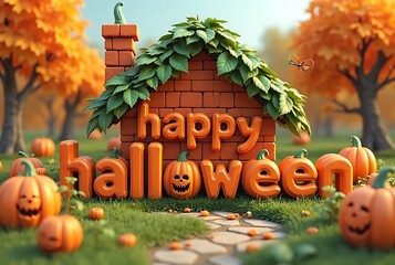 A fun, cartoonish scene of “Happy Halloween” is built like a brick from small, round pumpkins