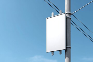 Blank metal sign plate attached to scaffold pole in outdoor setting against a clear blue sky during daytime