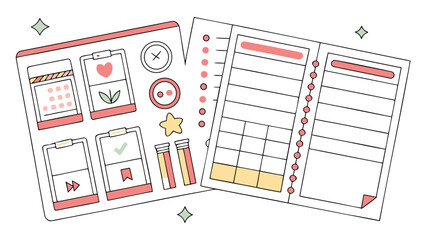 Cute hand drawn illustration of a planner with calendar to do list and decorative elements like a heart flower star and buttons in pastel colors