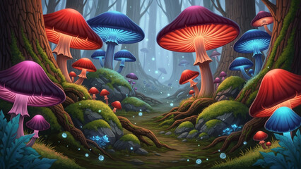 Enchanted Forest Path: Luminescent Mushrooms and Mossy Steps