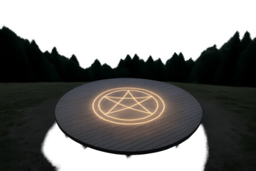 Magical pentagram glowing on round platform at forest edge, deck with magic symbol and transparent background