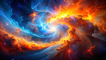 Fototapeta premium Vivid, swirling nebula; fiery orange and cool blue hues blend, creating a dynamic cosmic scene