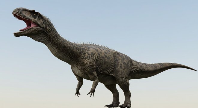 Dinosaure puissant rugissant lumiere douce fond clair. AI Generated
