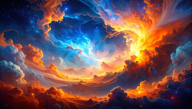 Vivid, swirling nebula; fiery orange and cool blue hues blend, creating a dynamic cosmic scene
