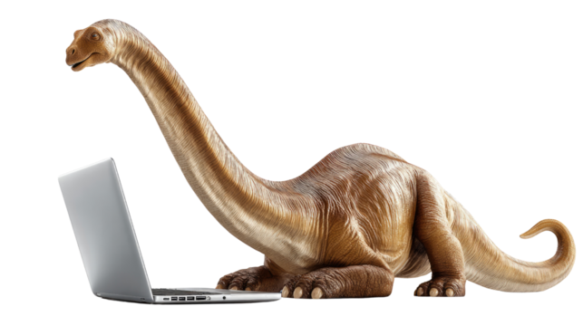Dinosaur Using Computer: A striking image showcases a dinosaur interacting with a modern laptop computer, creating a thought-provoking visual metaphor for innovation and progress.