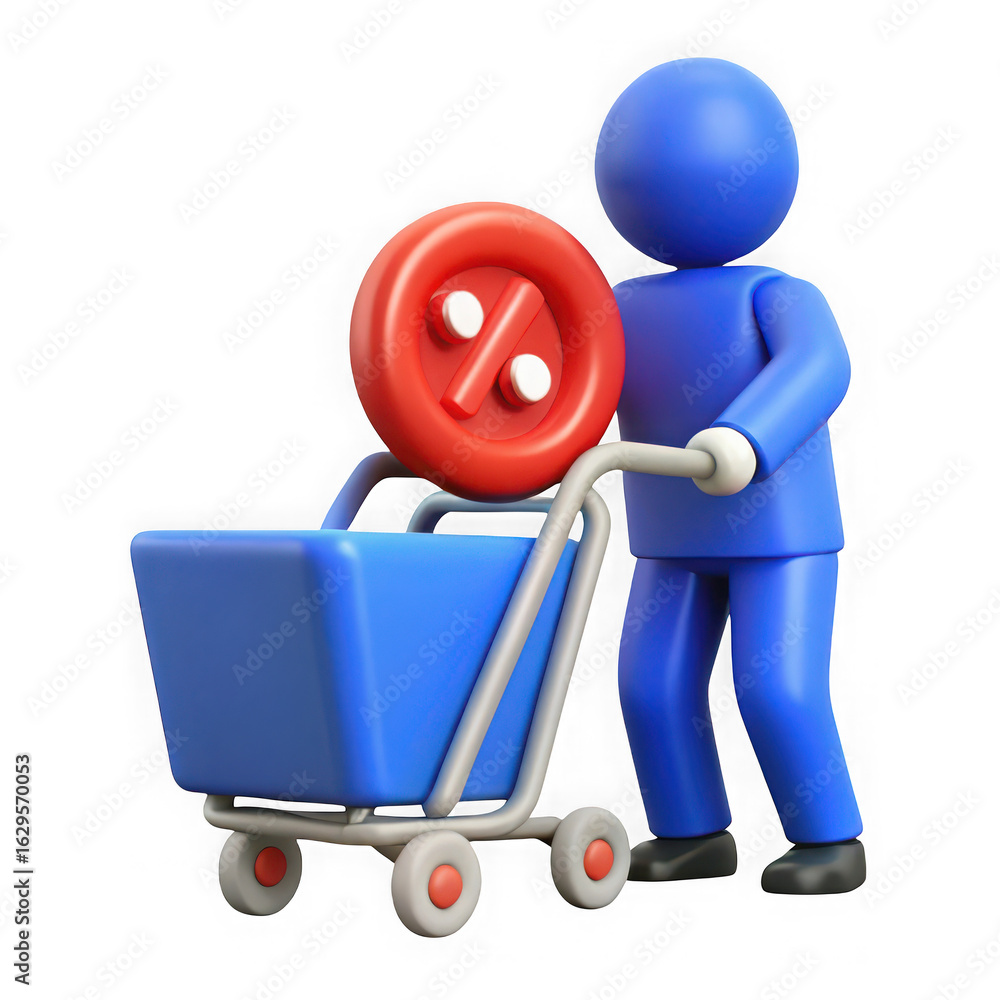 Poster blue 3d character pushing a shopping cart with a red percentage symbol isolated on transparent backg