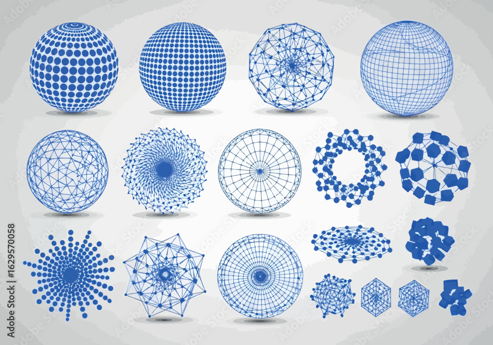 Poster vector art of collection of abstract blue and white digital globes and geometric sphere patterns, re