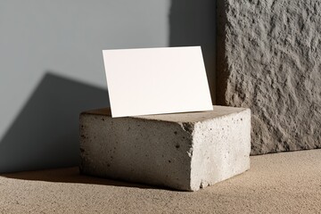Mockup of a business card resting on a textured cement block with subtle shadowing against a minimalist background