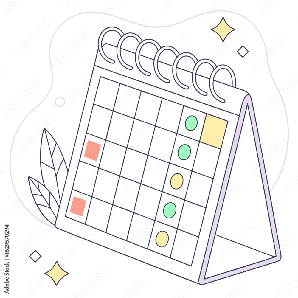 Poster Desktop calendar with marked dates and colorful circles indicating tasks or events representing planning and organization