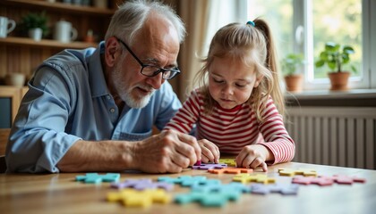Grandfather and granddaughter solving puzzles together at home during daytime