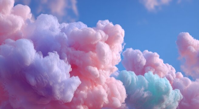 Fototapeta In the blue sky, there is one white cloud and three pink clouds in different sizes on both sides of it. The background color has elements of pastel colors, reminiscent of cotton candy. 