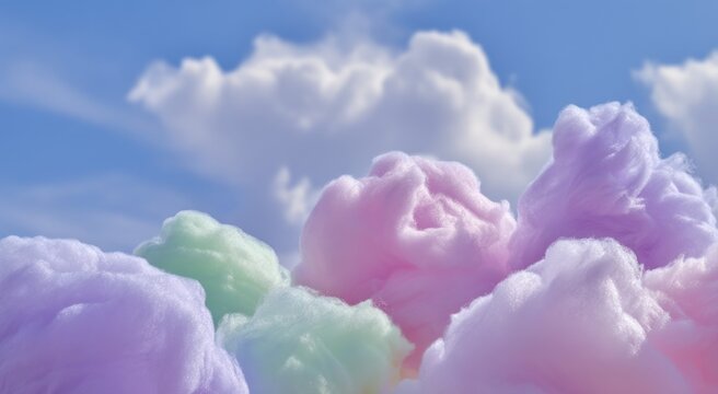 Fototapeta In the blue sky, there is one white cloud and three pink clouds in different sizes on both sides of it. The background color has elements of pastel colors, reminiscent of cotton candy. 