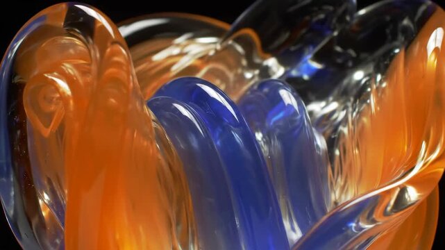 Abstract flowing glass sculpture with orange and blue accents