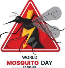 World mosquito day - Black mosquito charector cross yellow thunder sign in red rounded triangle banner vector design