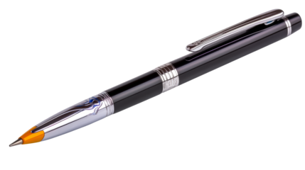 Elegant black and silver pen with orange tip on transparent background