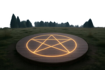 Bright glowing pentagram on circular wooden stage in grassy field, deck with magic symbol and transparent background