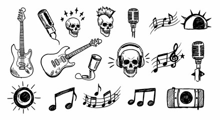 HandDrawn Rock and Roll Icons Guitars Skulls Microphones and Music Notes.