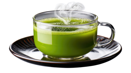 Matcha Tea in Glass Cup: A captivating close-up view of a cup of vibrant green matcha tea, its delicate steam rising, presented on a silver saucer, inviting viewers to savor the moment.