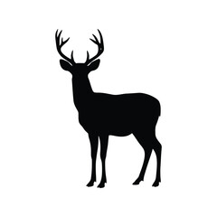 Silhouette of a majestic stag with large antlers standing alert isolated on white background