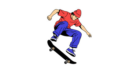 Obraz premium Cartoon illustration of skater performing a jump on a skateboard with style and attitude displayed in his face and body language, emphasizing