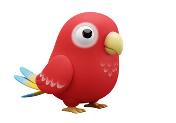 Isolated Adorable 3D Cartoon Render of a Colorful Red Parrot with Blue and Yellow Wings