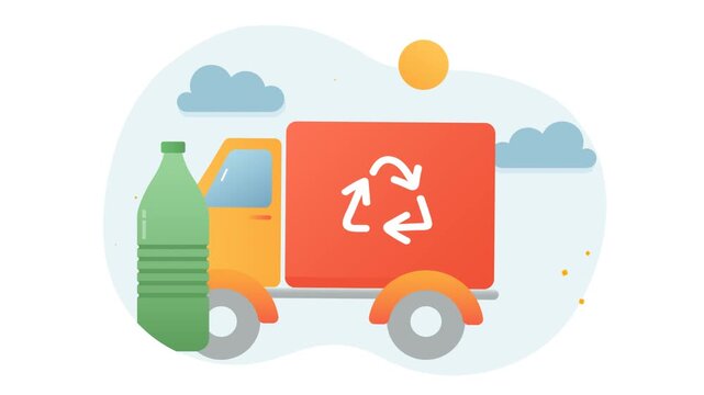 Illustration of a Recycling Truck with Environmental Symbols and Plastic Bottle