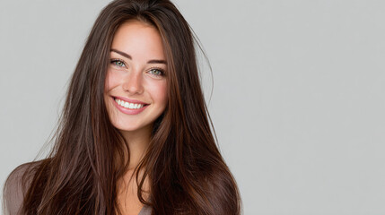 Fototapeta premium A beautiful young woman smiles genuinely. She has long, dark hair, green eyes, fair skin, and a friendly expression.