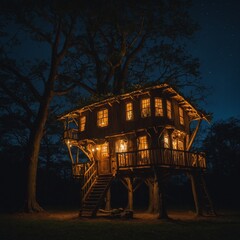 Robin sitting in a glowing treehouse at night