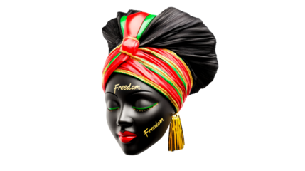 Colorful African headpiece with the word freedom displayed prominently