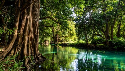Obraz premium Scenic Tropical Landscape with Turquoise River and Lush Green Vegetation