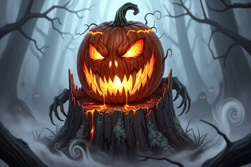 Spooky Jack-o’-Lantern with Glowing Eyes in Misty Fog – Halloween Pumpkin Horror Scene