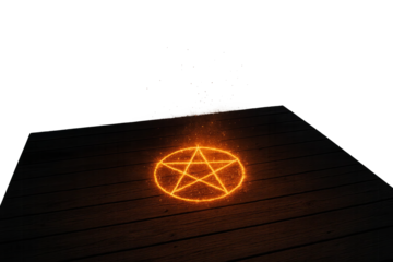 Burning pentagram glowing on dark wooden deck, sparks fly from center, deck with magic symbol and transparent background