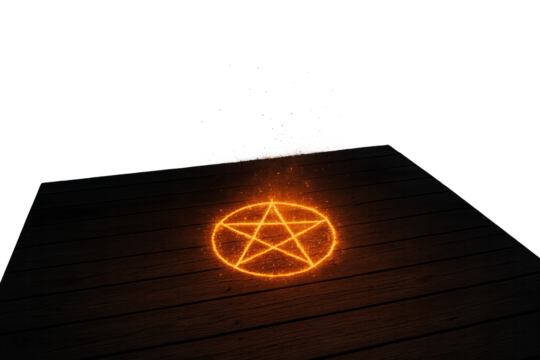Burning pentagram glowing on dark wooden deck, sparks fly from center, deck with magic symbol and transparent background