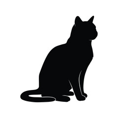 Black cat silhouette sitting elegantly looking to the side isolated on white background